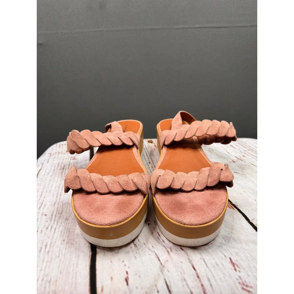 Lucky Brand Vellenora Pink Suede Scalloped Platform Wedge Sandals‎ Mens 7.5 M 38